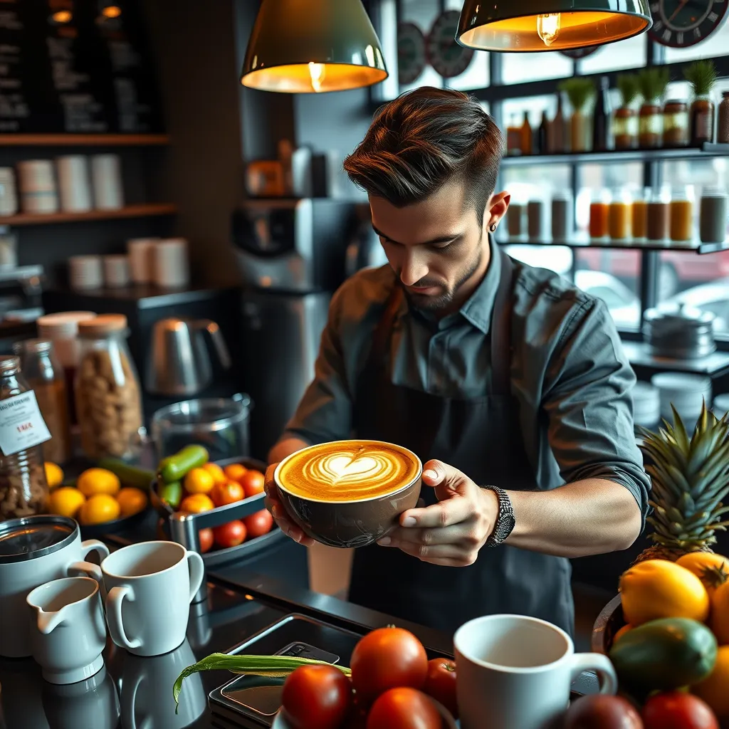 A barista carefully preparing a latte with a beautiful heart design in a coffee shop. There are various coffee cups and mugs on the counter, along with a colorful array of fresh fruits and vegetables for smoothies and juices.