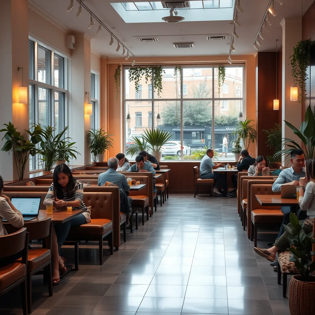  A brightly lit cafe with comfortable seating arrangements. People are gathered around tables, some working on laptops, others having conversations, and others enjoying their drinks. The cafe has a warm and inviting atmosphere, with soft lighting and plants decorating the space.