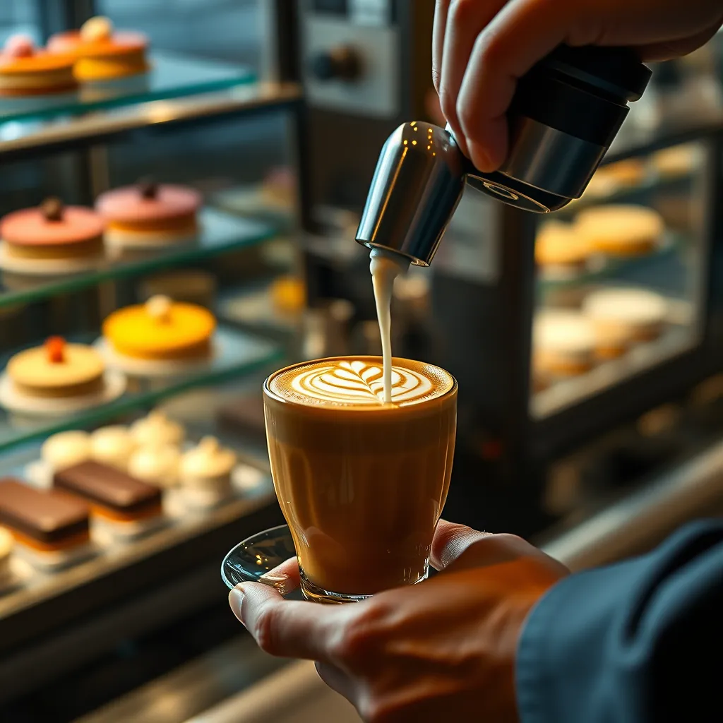  A close-up shot of a barista skillfully preparing a latte art design on a cup of coffee. The steam from the milk frother creates a gentle haze around the cup. In the background, a display case showcases a variety of pastries and cakes.