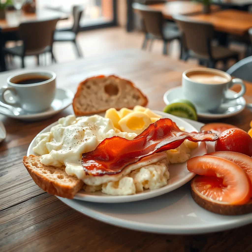 A close-up shot of a beautifully arranged breakfast plate with fluffy scrambled eggs, crispy bacon, toasted bread, fresh fruit, and a side of coffee. The plate is set on a rustic wooden table in a coffee shop setting.