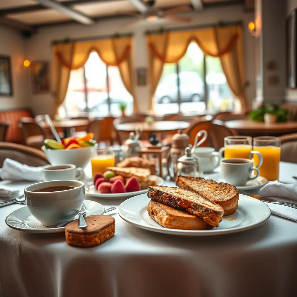  A close-up shot of a table set for breakfast with a variety of dishes including fresh fruit, toast, pastries, coffee, and juice. The table is set with a white tablecloth and napkins, and the atmosphere is bright and inviting. The image should be taken in a cafe setting, with warm lighting and a cozy ambiance.