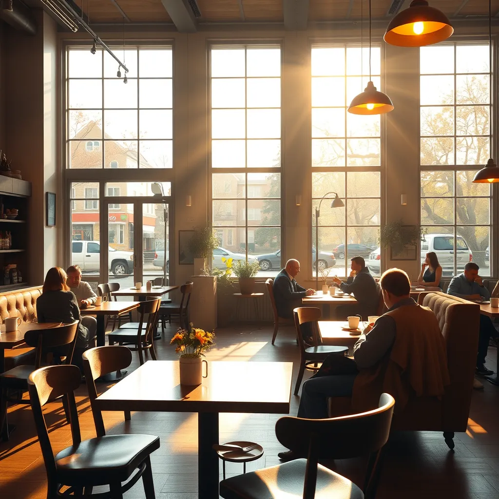 A cozy coffee shop interior with warm lighting, wooden tables and chairs, comfortable armchairs, and soft sunlight streaming through large windows. Customers are sitting at tables enjoying coffee and pastries.