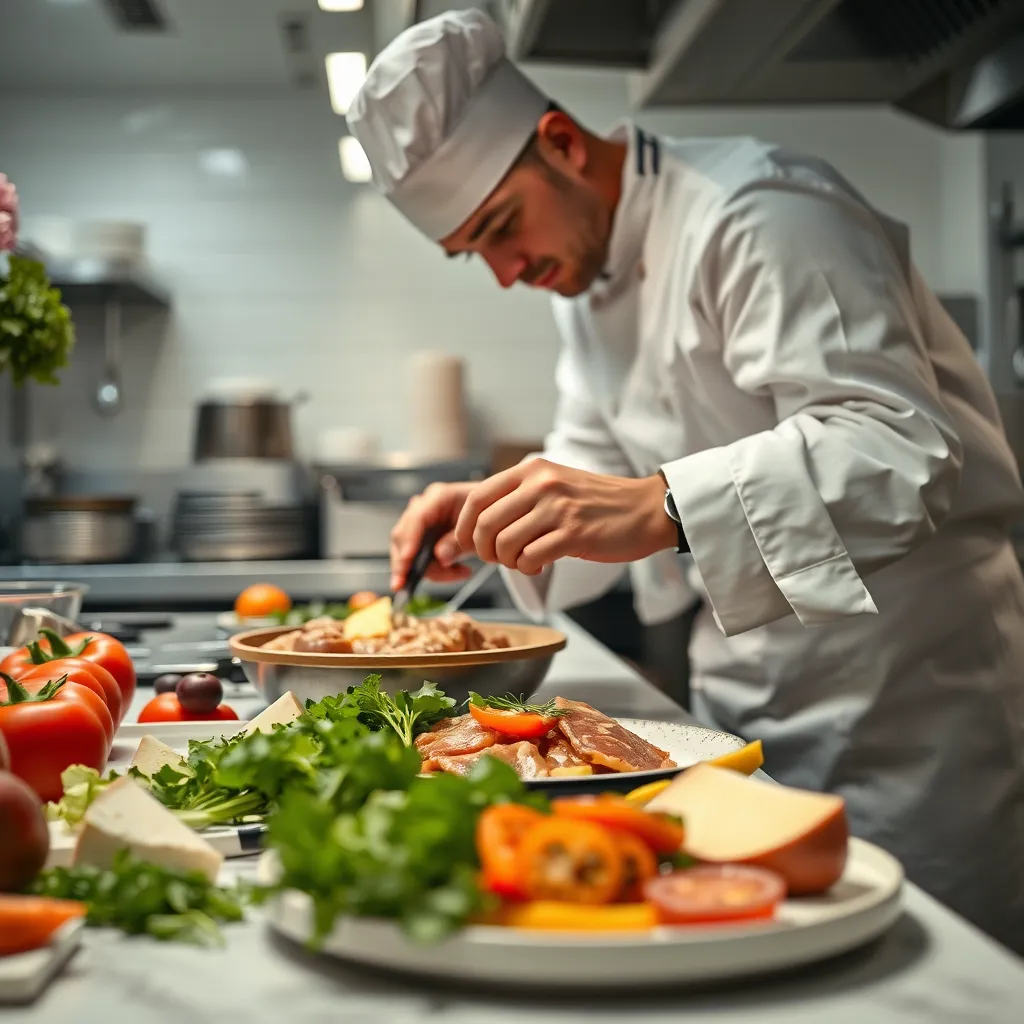  A photo of a chef preparing a dish in a cafe kitchen. The image should focus on the fresh ingredients being used, such as vegetables, meats, and cheeses. The chef should be dressed in a clean, white uniform, and the kitchen should be well-lit and organized. The image should convey a sense of quality and care in the food preparation.