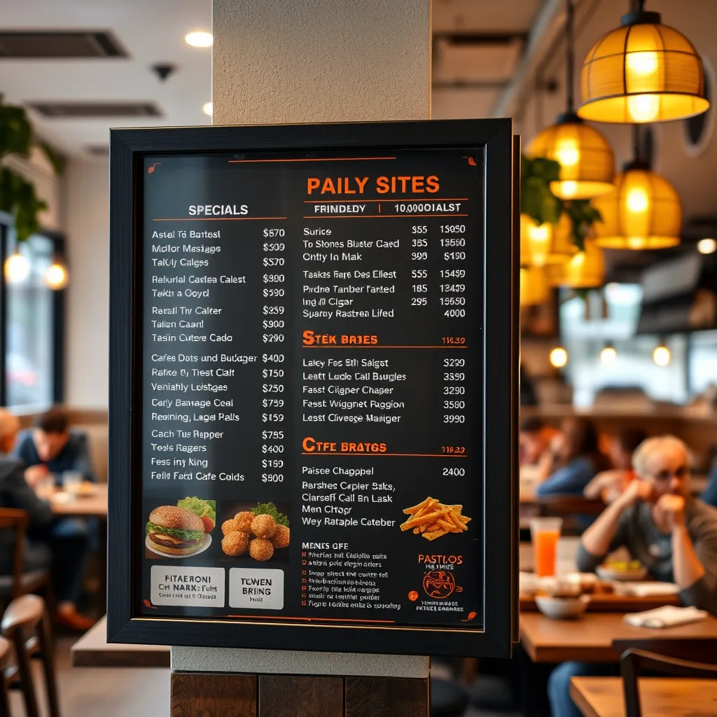  A photo of a restaurant menu board, with a clear display of the daily specials and prices. The background should be a cafe setting, with people enjoying their meals in the background. The image should convey a sense of affordability and value.