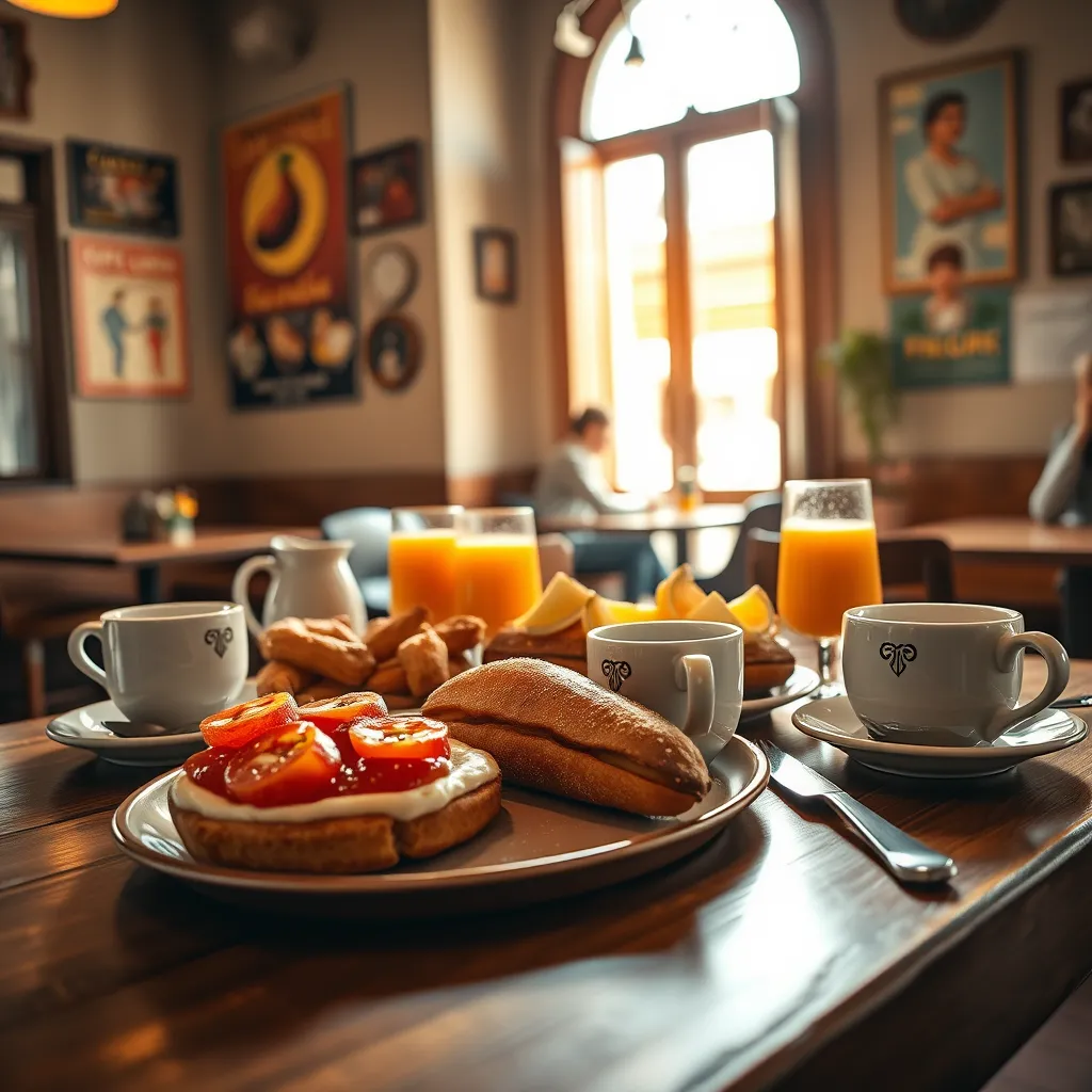 A photorealistic, ultra-high quality image of a beautifully arranged breakfast spread on a wooden table in a cozy Cafetería. The image should feature a variety of classic Spanish breakfast items like tostada con tomate, churros with chocolate, café con leche, freshly squeezed orange juice, and a fruit salad. Natural light streams in through a window, creating soft, warm lighting. The image should have a vibrant color palette with earthy tones and a touch of orange from the juice. The composition should focus on the breakfast spread, with a slight blur to the background showcasing other cafe elements like a tiled floor, vintage posters, and a couple enjoying their breakfast in the background. The image should be taken from a low angle perspective, highlighting the deliciousness of the food. The overall feel should be warm and inviting, capturing the essence of a traditional Spanish breakfast experience. Render in 8K resolution with hyperrealistic details and textures.