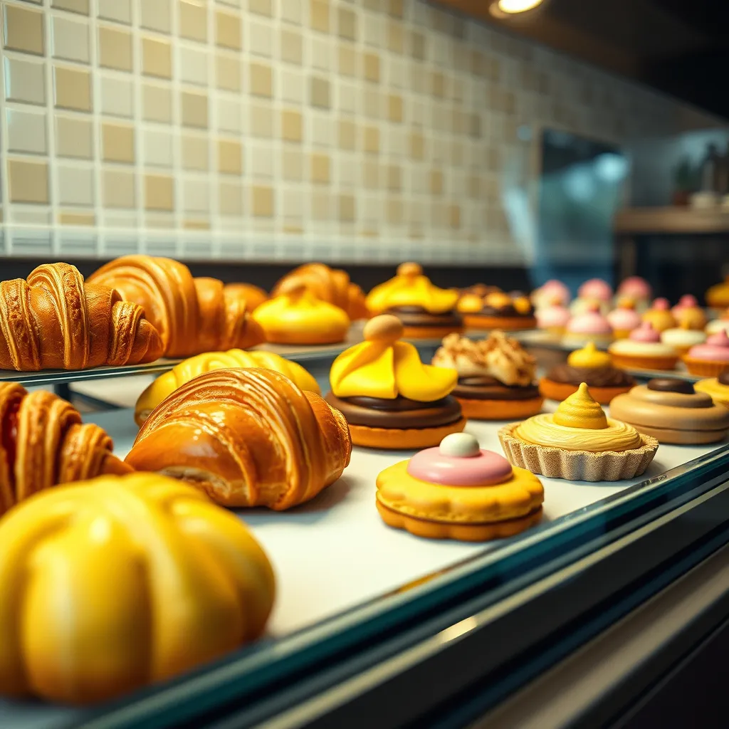 A photorealistic, ultra-high quality image of a tempting display of freshly baked pastries in Cafetería Nevada. The scene should feature a glass-fronted display case showcasing an array of colorful and delicious pastries, including croissants, pain au chocolat, éclairs, macarons, and tarts. The pastries should be meticulously arranged, showcasing their delicate textures and vibrant glazes. The image should have a bright and inviting color palette with warm yellows, browns, and a touch of pink from the frosting. Soft, diffused lighting should illuminate the display case, highlighting the details of each pastry. The image should be composed from a low angle perspective, emphasizing the visual appeal of the pastries. The background should feature a tiled wall with a subtle pattern, providing a contrasting backdrop for the pastries. The overall feel should be sweet and inviting, reflecting the allure of the freshly baked treats. Render in 8K resolution with hyperrealistic details and textures, capturing the richness of the pastries and the enticing aroma of freshly baked goods.