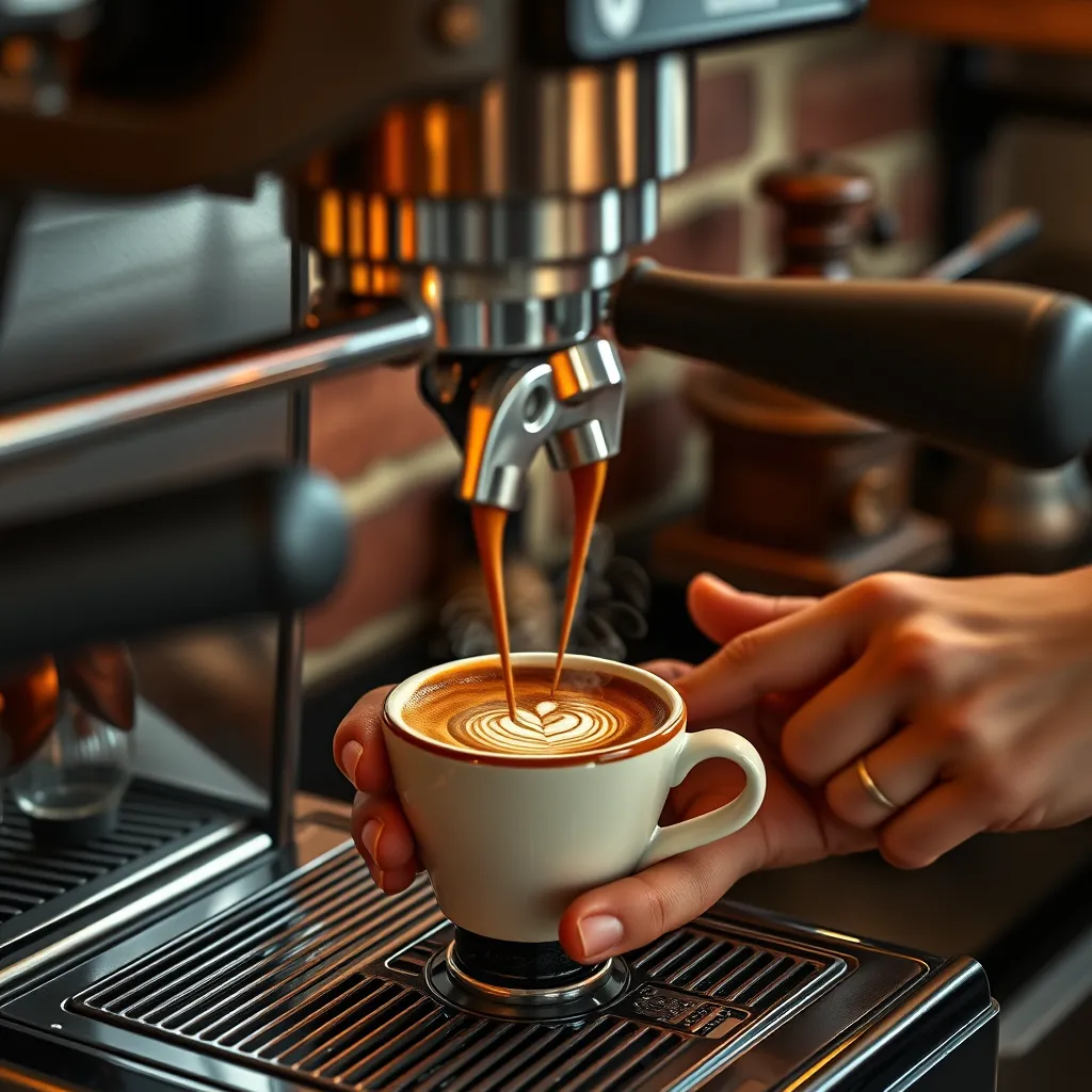 A photorealistic, ultra-high quality image showcasing the art of coffee brewing in Cafetería Nevada. The scene should feature a barista expertly preparing a specialty coffee using a high-end espresso machine. The coffee should be a vibrant dark brown, steaming in a beautifully crafted ceramic cup with a latte art design. The image should have a warm, inviting color palette with rich browns, creams, and a touch of copper from the machine. Soft, diffused lighting should illuminate the scene, casting a gentle glow on the barista's hands and the coffee. The image should be composed with a medium-close-up shot, focusing on the barista and the coffee preparation process. The background should feature a rustic brick wall and a vintage coffee grinder, adding to the ambiance of the scene. The overall feel should be sophisticated and artisanal, reflecting the care and expertise that goes into crafting each coffee at Cafetería Nevada. Render in 8K resolution with hyperrealistic details and textures.