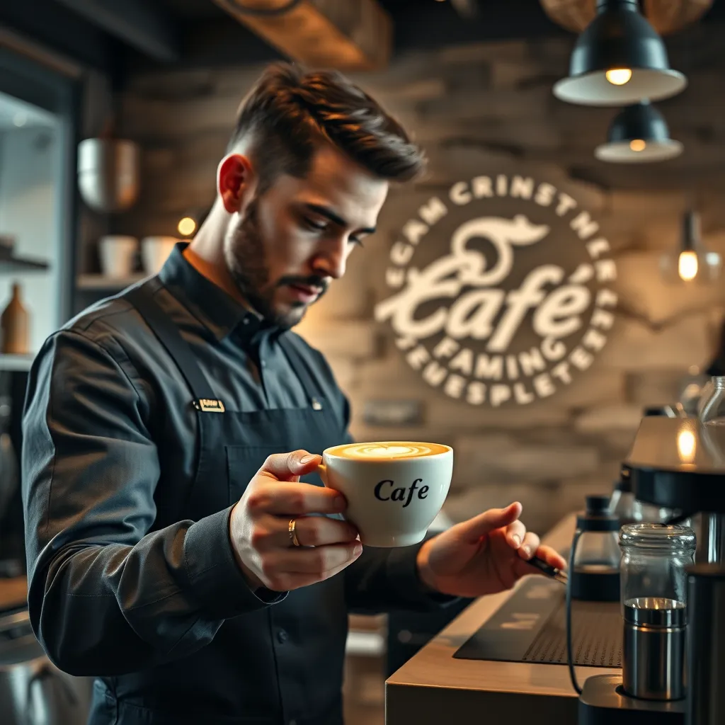 A photorealistic image of a barista preparing a cappuccino in a cafe with a rustic-chic ambiance. The barista is wearing a professional uniform and focusing intently on creating the perfect latte art. The cafe's logo and branding elements should be visible in the background.