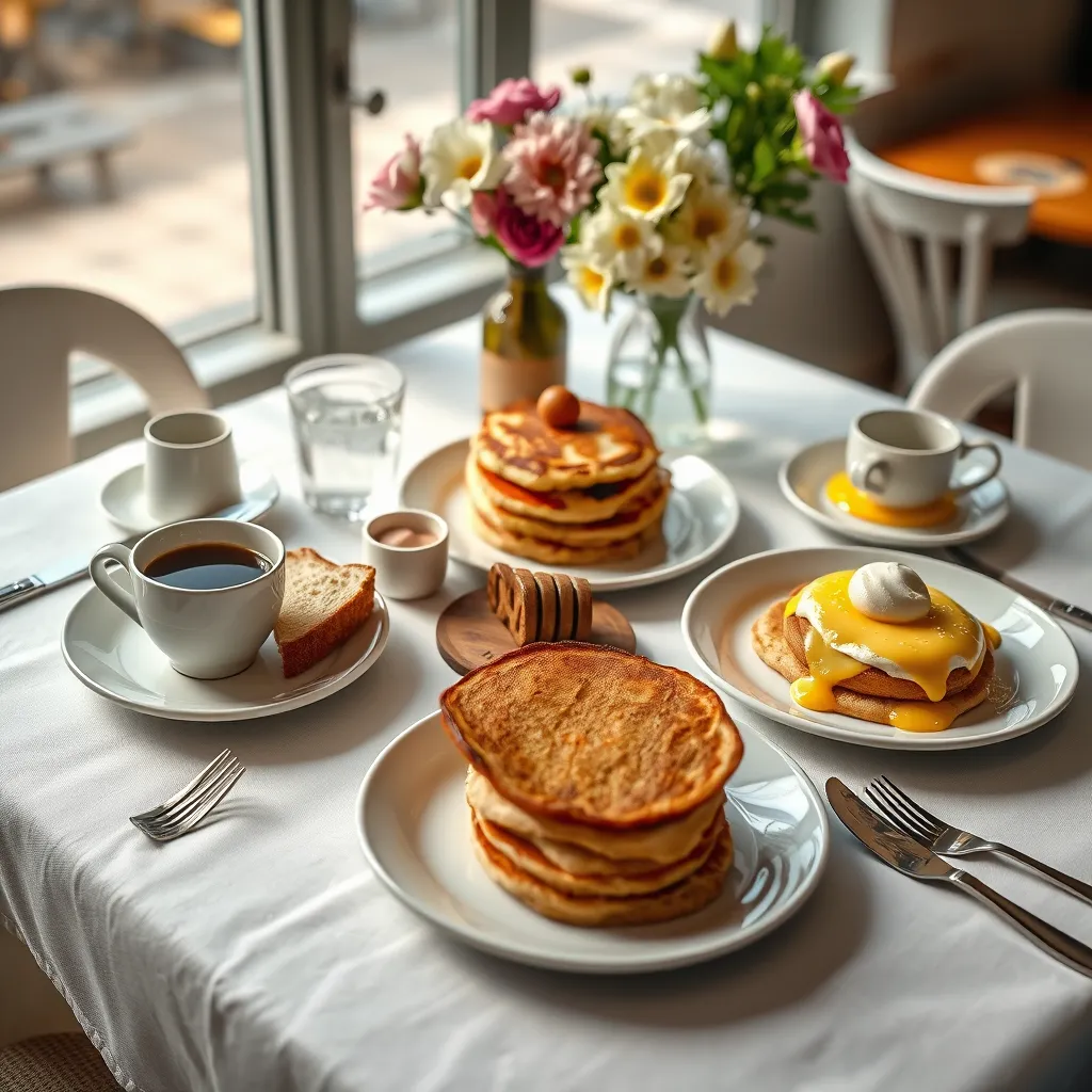 A photorealistic image of a breakfast table with various options like toast with coffee, pancakes, and eggs benedict. The table is set with white linen and silverware, with fresh flowers in the background. The cafe's logo should be subtly displayed on a coaster or napkin.