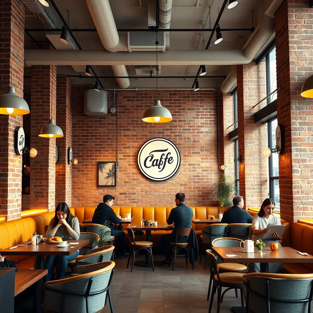 A photorealistic image of a cafe interior with warm lighting, comfortable seating, and exposed brick walls. People are casually enjoying their breakfasts and conversations. The cafe's logo and branding elements should be incorporated into the design of the space.