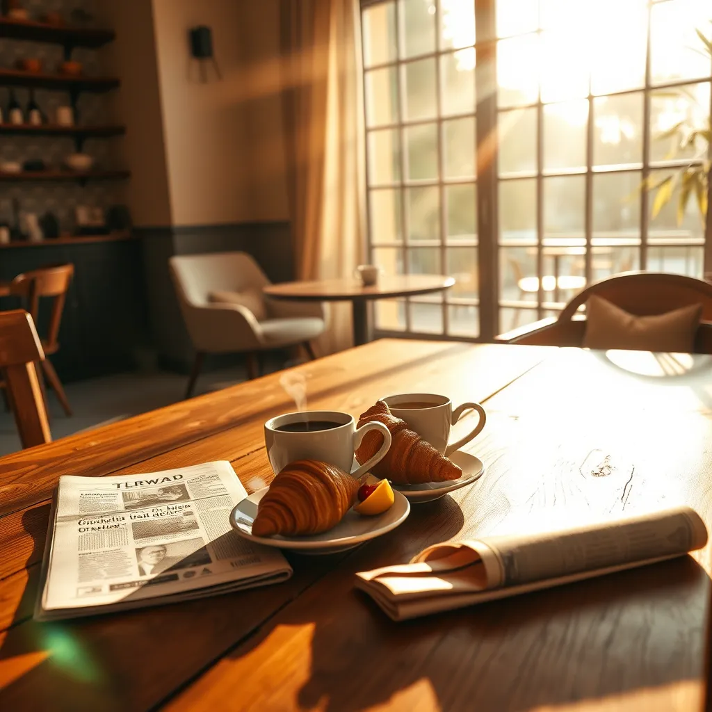 Create a photorealistic, ultra-high quality image for a cafe header. The image should feature a warm and inviting cafe interior, with a rustic yet modern aesthetic. Focus on a large, wooden table in the center, with two comfortable chairs. On the table, there should be a steaming cup of coffee, a plate with a croissant and fresh fruit, and a newspaper folded neatly. The sunlight streams through a large window in the background, casting warm, golden rays across the table and creating a soft, dappled light effect. The color palette should be warm and inviting, with earthy tones of brown, beige, and cream, complemented by accents of green and red. The image should be composed from a low angle, emphasizing the inviting atmosphere and the delicious breakfast spread. Pay attention to the details, including the texture of the wood, the sheen of the coffee cup, the imperfections of the croissant, and the subtle wrinkles of the newspaper. The image should convey a sense of tranquility, warmth, and deliciousness. Render in 8K resolution, with hyperrealistic detail., ultra high resolution, photorealistic, 8K, hyperdetailed, cinematic lighting